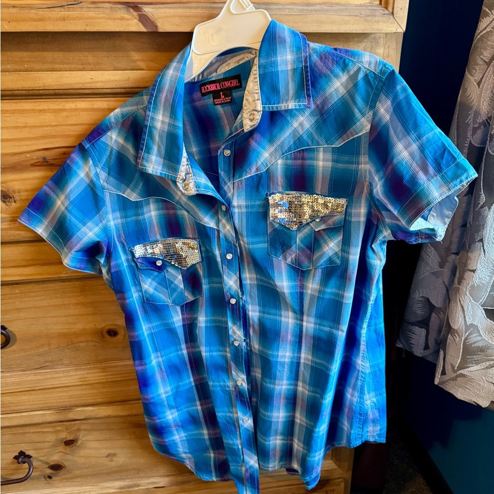 Rock & Roll Cowgirl Blue Plaid Shirt